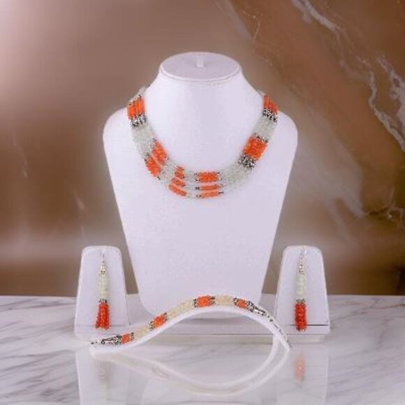 Carnelian, Prehnite, & Sterling SIlver Jewelry Set, Necklace, Bracelet, Earrings - Picture 1 of 1